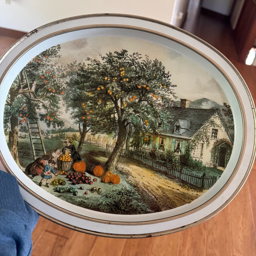 Currier and Ives Tin Tray 1857 The American Homestead Autumn Fall Oval